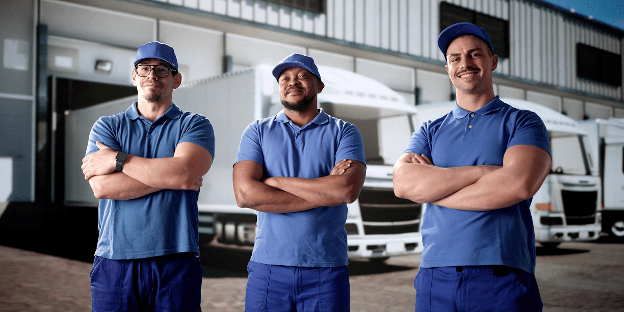 Three delivery workers in blue uniforms smiling.