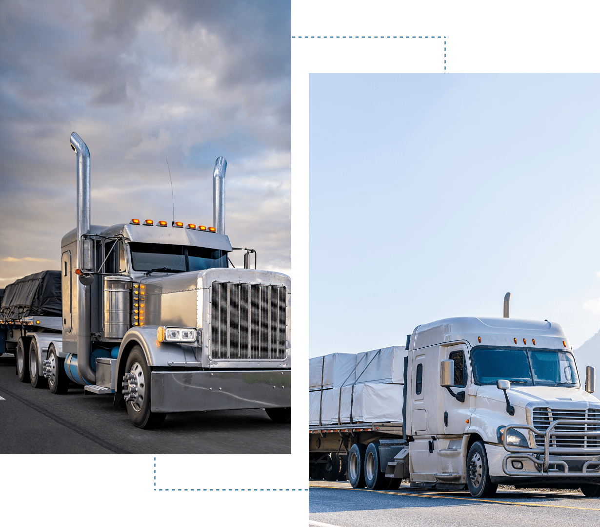 Two semi-trucks on the road, daytime.
