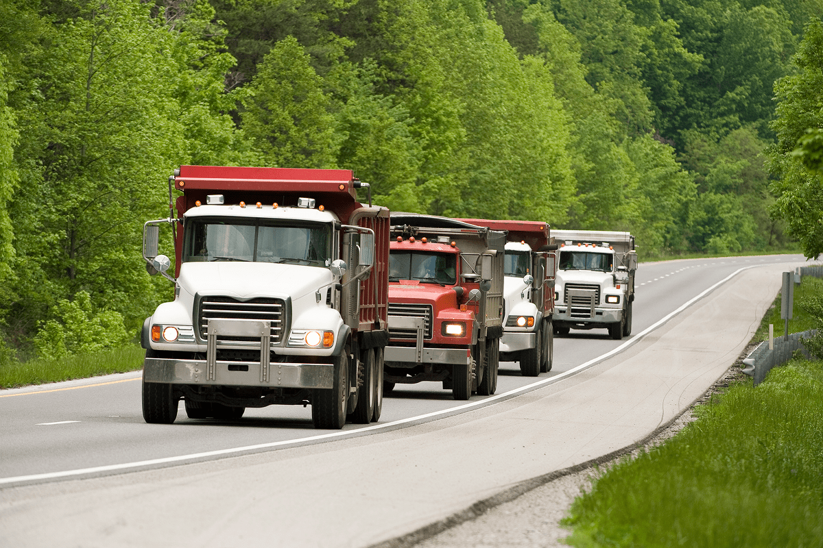 A convoy of dump trucks driving on a forest-lined road.